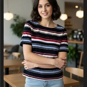 NWT Talbots black pink red blue white stripe textured shirt top woman's size PL